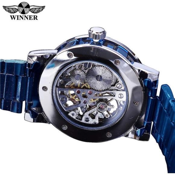 Retro Manual Mechanical Skeleton Watch with Diamond and Carving Flower, Blue - Picture 2 of 6